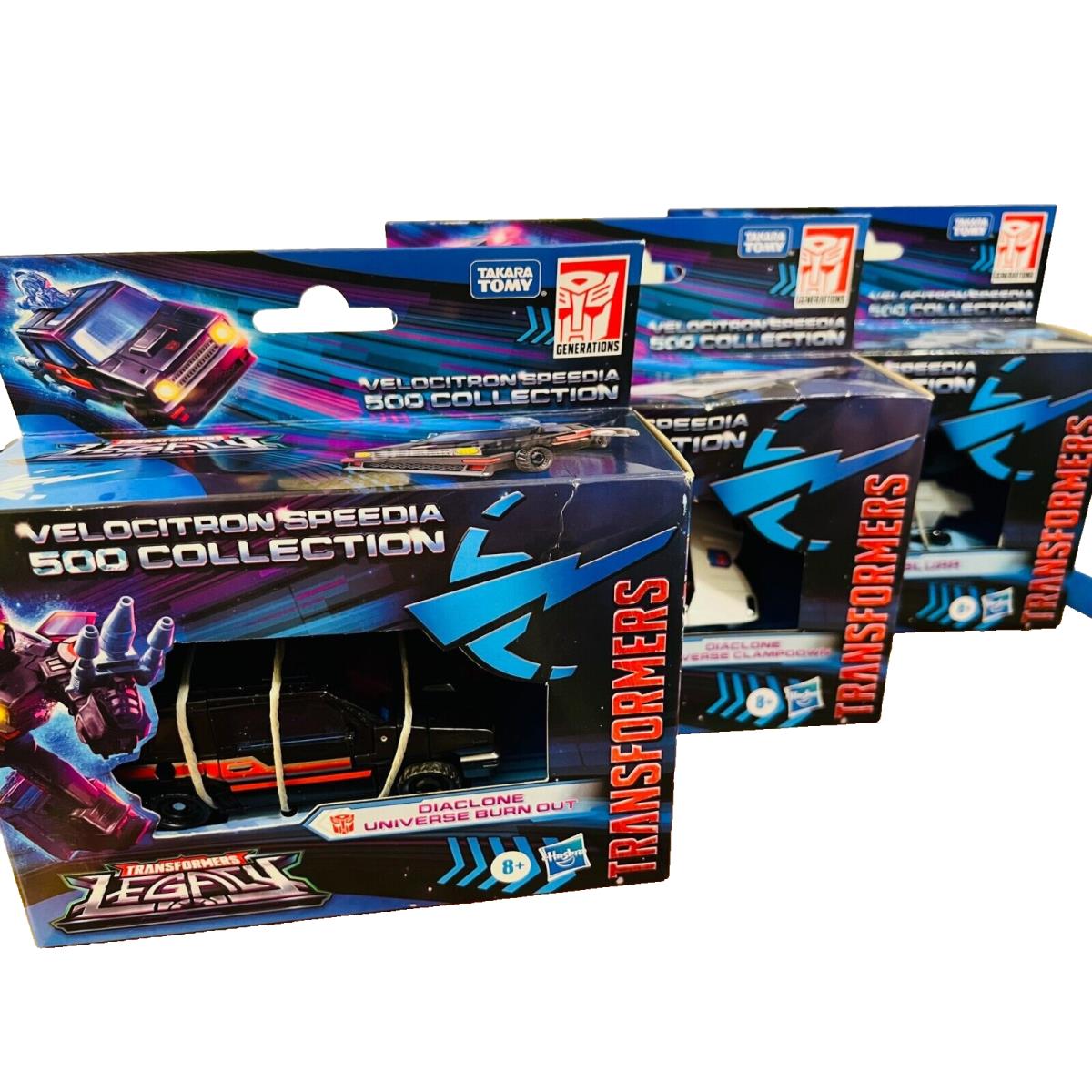 3 Transformers Legacy Velocitron Speedia 500 Collection Blurr Clampdown Burn Out