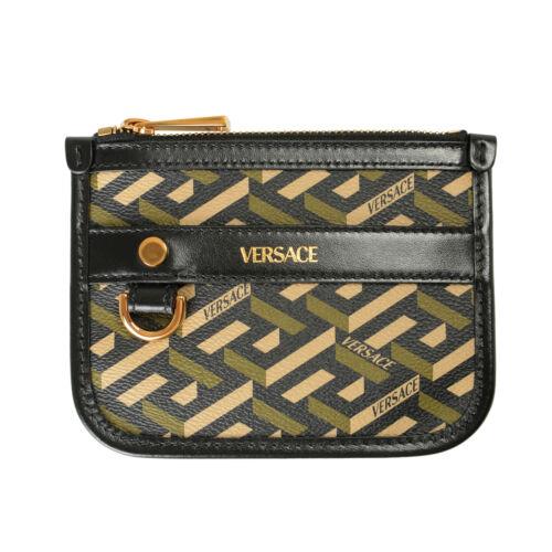 Versace Unisex La Greca Coated Canvas Leather Logo Print Wallet Pouch