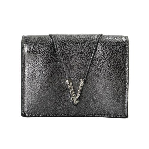 Versace Women`s Metal Gray Textured Leather V-logo Wallet