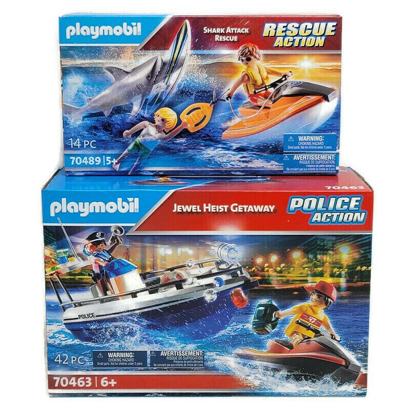 Playmobil 70463 Police Jewel Heist Getaway Boat 70489 Shark Attack Rescue