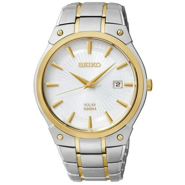 Seiko SNE324 Solar White Dial Stainless Steel Date Gold Silver Tone Mens Watch - Dial: White, Band: Silver & Gold