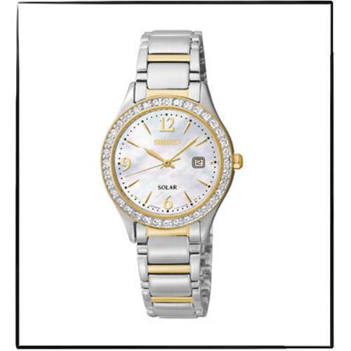 Seiko SUT126 Solar Crystal Bezel Date Mother of Pearl Dial Women`s Watch