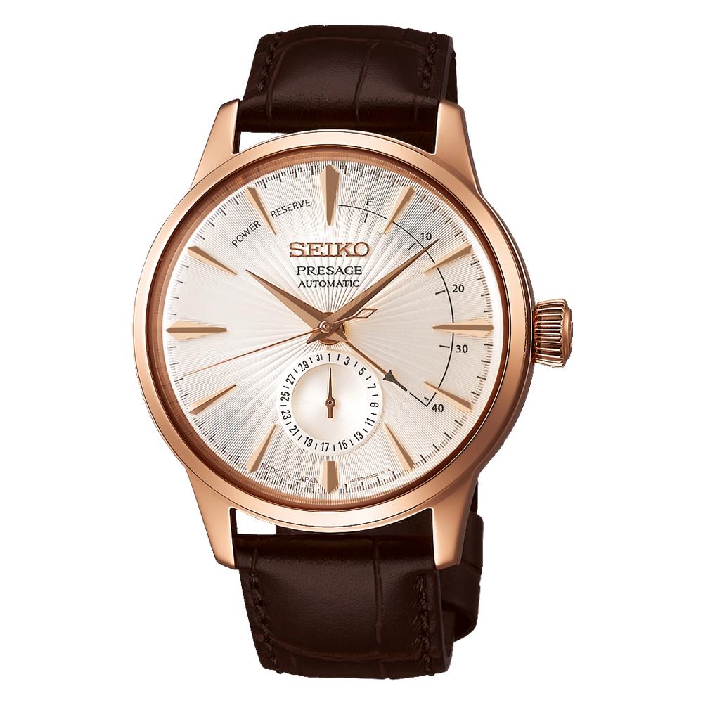 Seiko Presage Cocktail Time Rose Gold Brown Leather Strap Watch SSA346