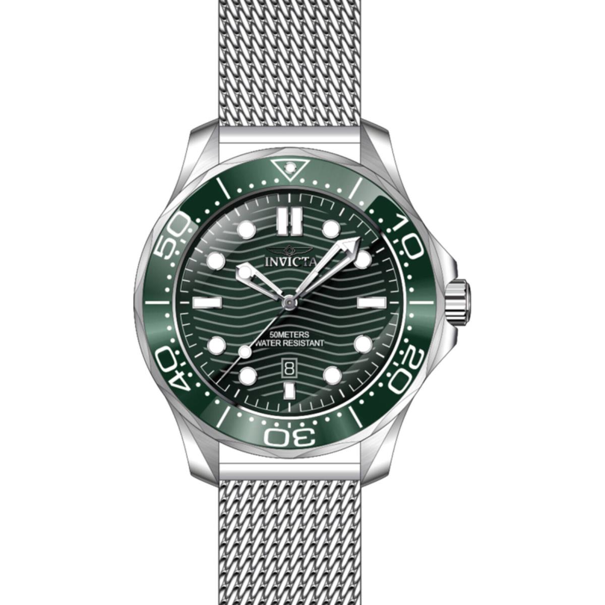 Invicta Men`s Watch Pro Diver Quartz Green Dial Silver Tone Mesh Bracelet 45980