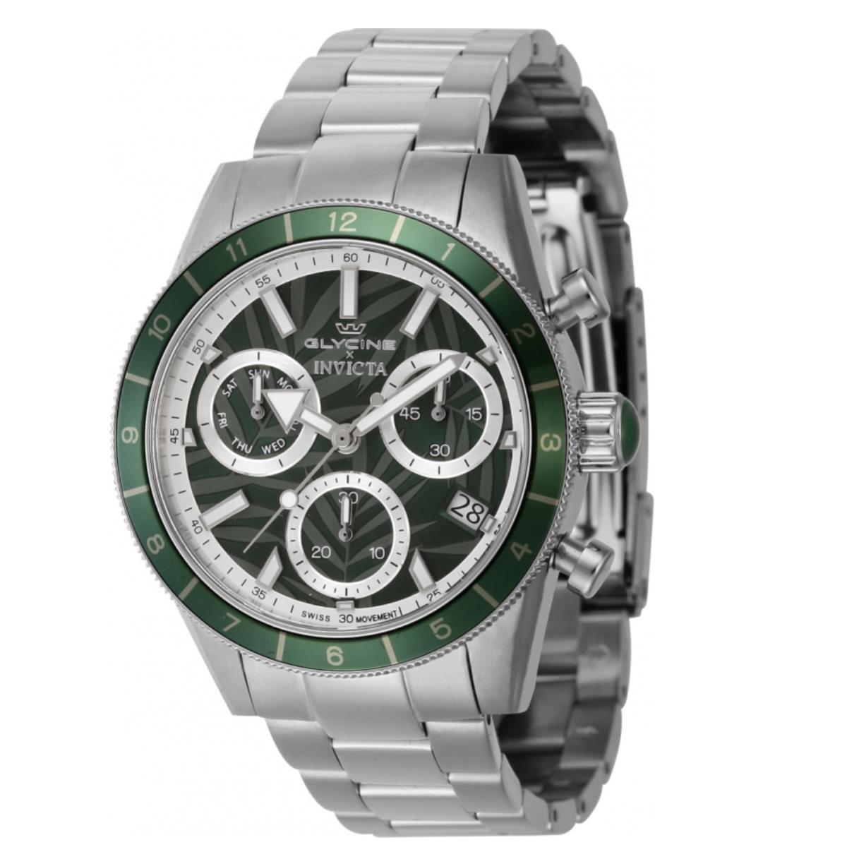 Invicta x Glycine Five Elements Wood Men`s 41mm Swiss Chrono Watch Set 44289 - Dial: Gray, Green, Silver, White, Band: Silver, Bezel: Green, Silver