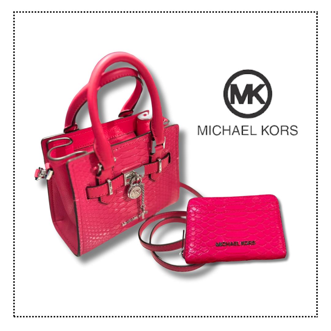 Michael Kors Hamilton XS Satchel Crossbody Bag+ Card Case Wallet Combo Variation ELECTRIC PINK