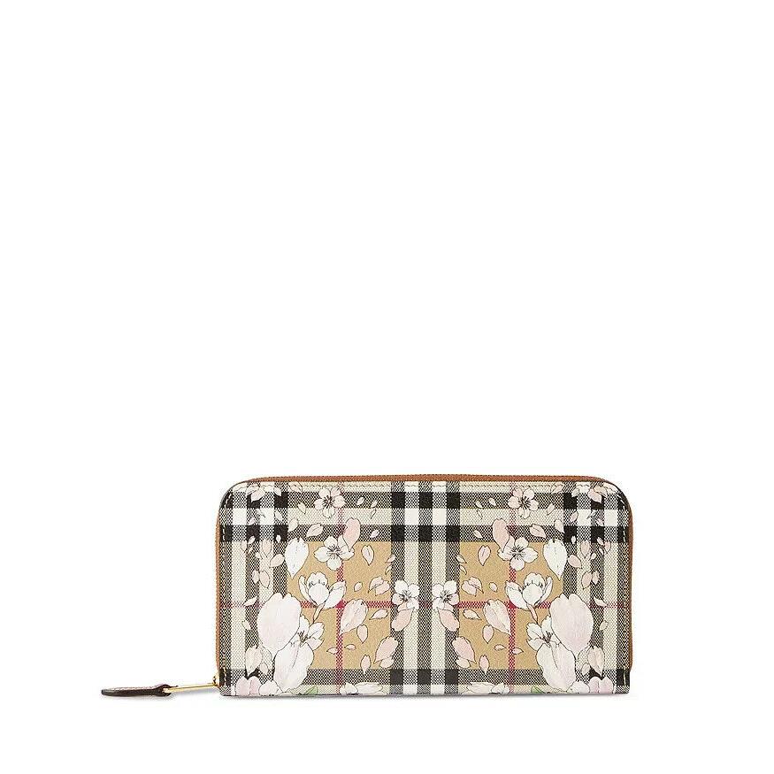 Burberry Archive Beige Floral Check Print Leather Zip Around Wallet