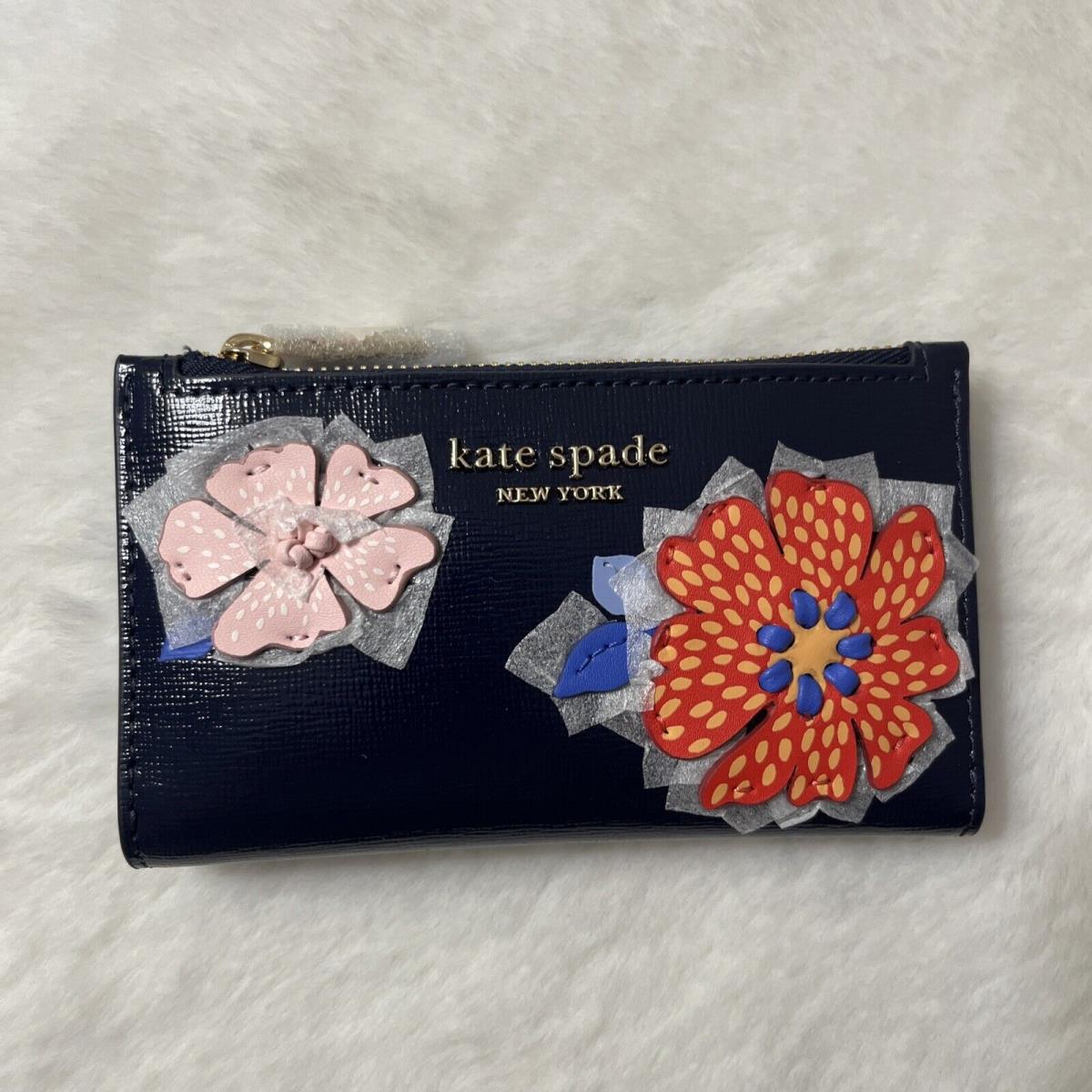 Kate Spade Dottie Bloom Flower Applique Small Slim Bifold Wallet Blue