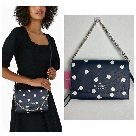 New Kate Spade Apple Carson Orchard Convertible Crossbody Bag Navy Leather