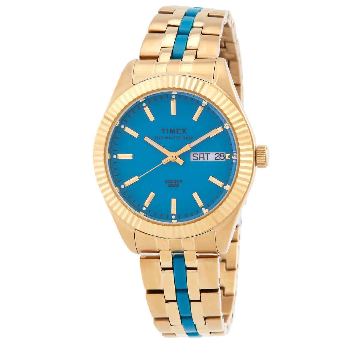 Timex Waterbury Legacy Boyfriend Malibu Quartz Blue Dial Ladies Watch TW2U82600 - Dial: Blue, Band: Two-tone (Gold-tone and Blue), Bezel: Gold-tone