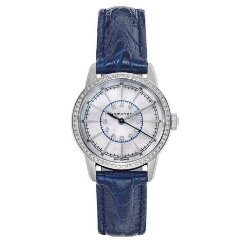 Hamilton Women`s American Classic Railroad 28mm Quartz Watch H40391691 - Dial: White, Band: Blue, Other Dial: White Mother-of-Pearl