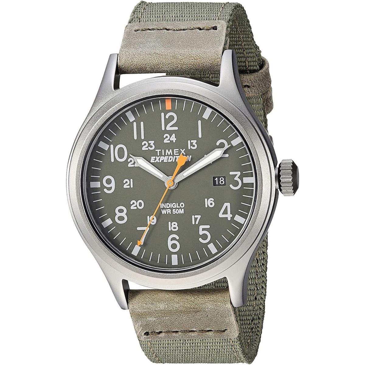 Timex TW4B14000 Men`s Expedition Scout Indiglo Grey Leather Nylon Band Watch - Dial: Green, Band: Green, Bezel: Gray