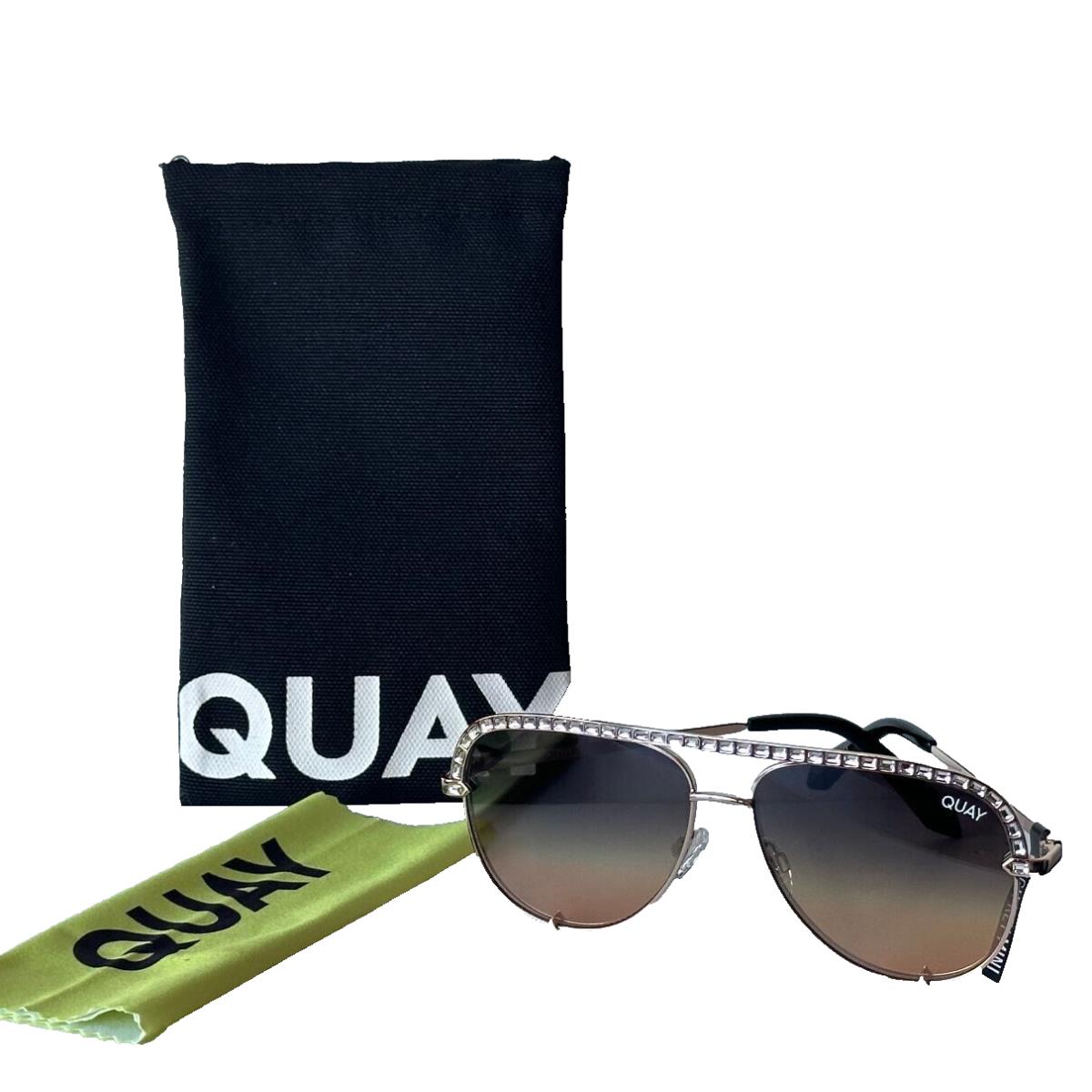 Quay High Key Mini Bling Jewel Embellished Sunglasses with Soft Case - Frame: Gold, Lens: Brown