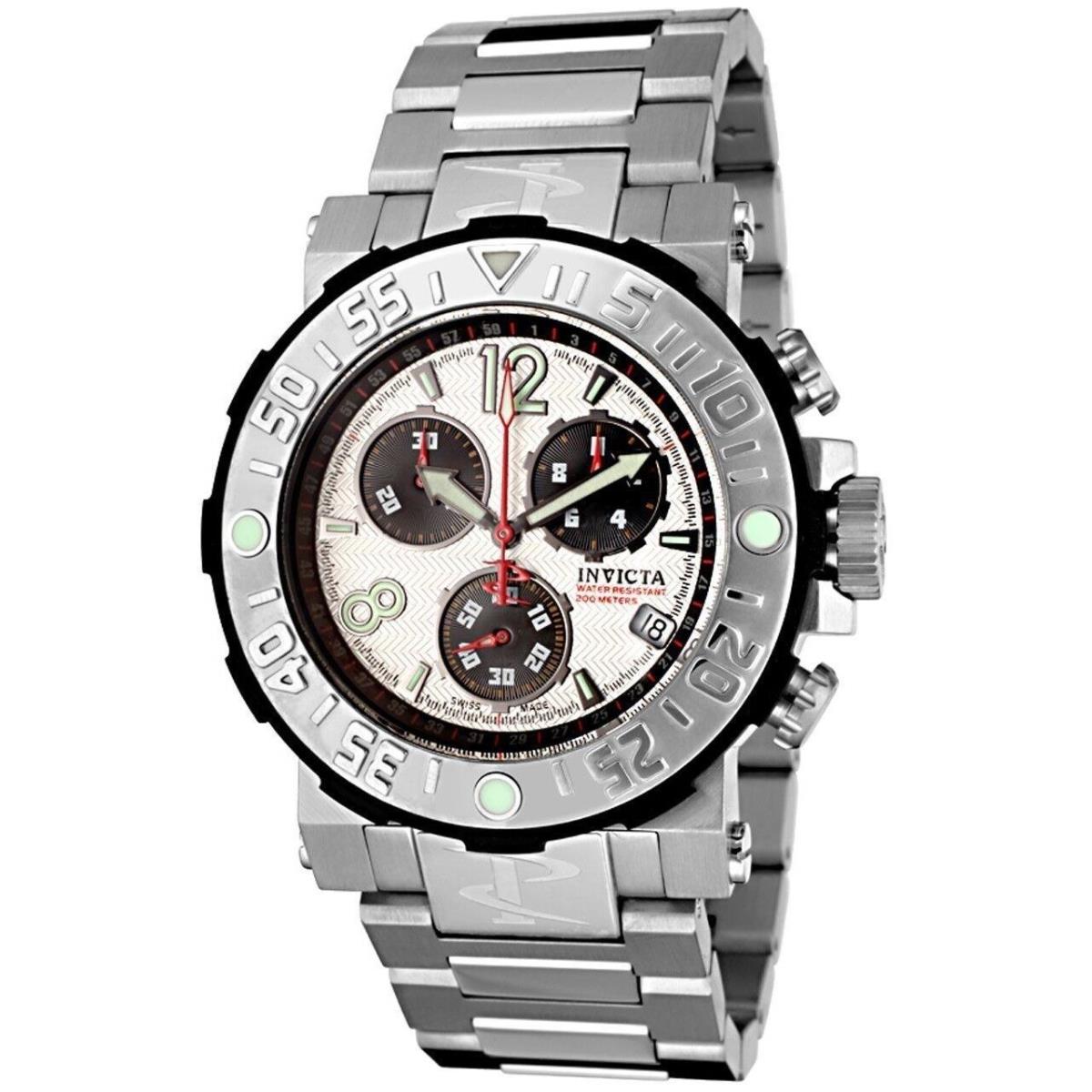 Swiss Made Invicta 6129 Reserve Sea Rover Chronograph Mens Watch with 3-Slot Box - Dial: Silver, Band: Silver