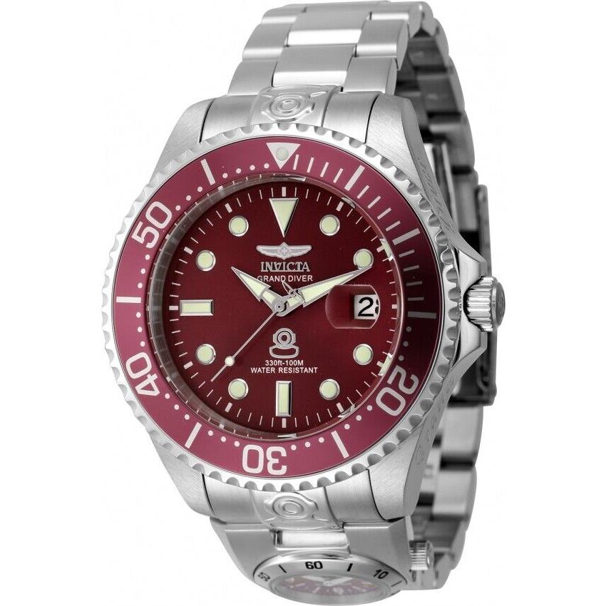 Invicta Pro Diver Date Automatic Red Dial Men`s Watch 45814 - Dial: Red, Band: Silver-tone, Bezel: Silver-tone