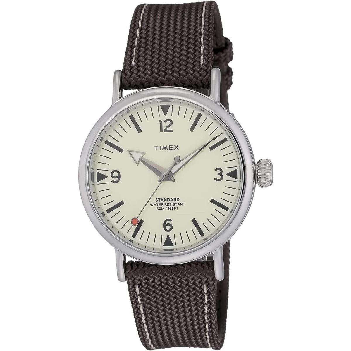Timex TW2V44100 Men`s Standard Indiglo Brown Strap Beige Dial 3-Hand Watch - Dial: Beige, Band: Brown, Bezel: Silver