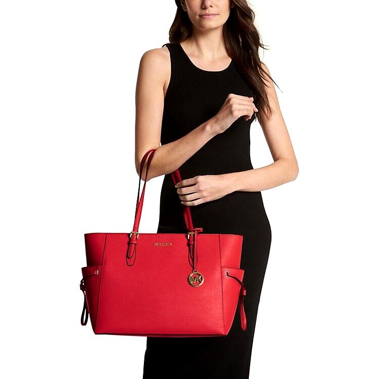 Michael Kors Gilly Large Drawstring Travel Tote Leather Bright Red /dust Bag - Exterior: Bright Red