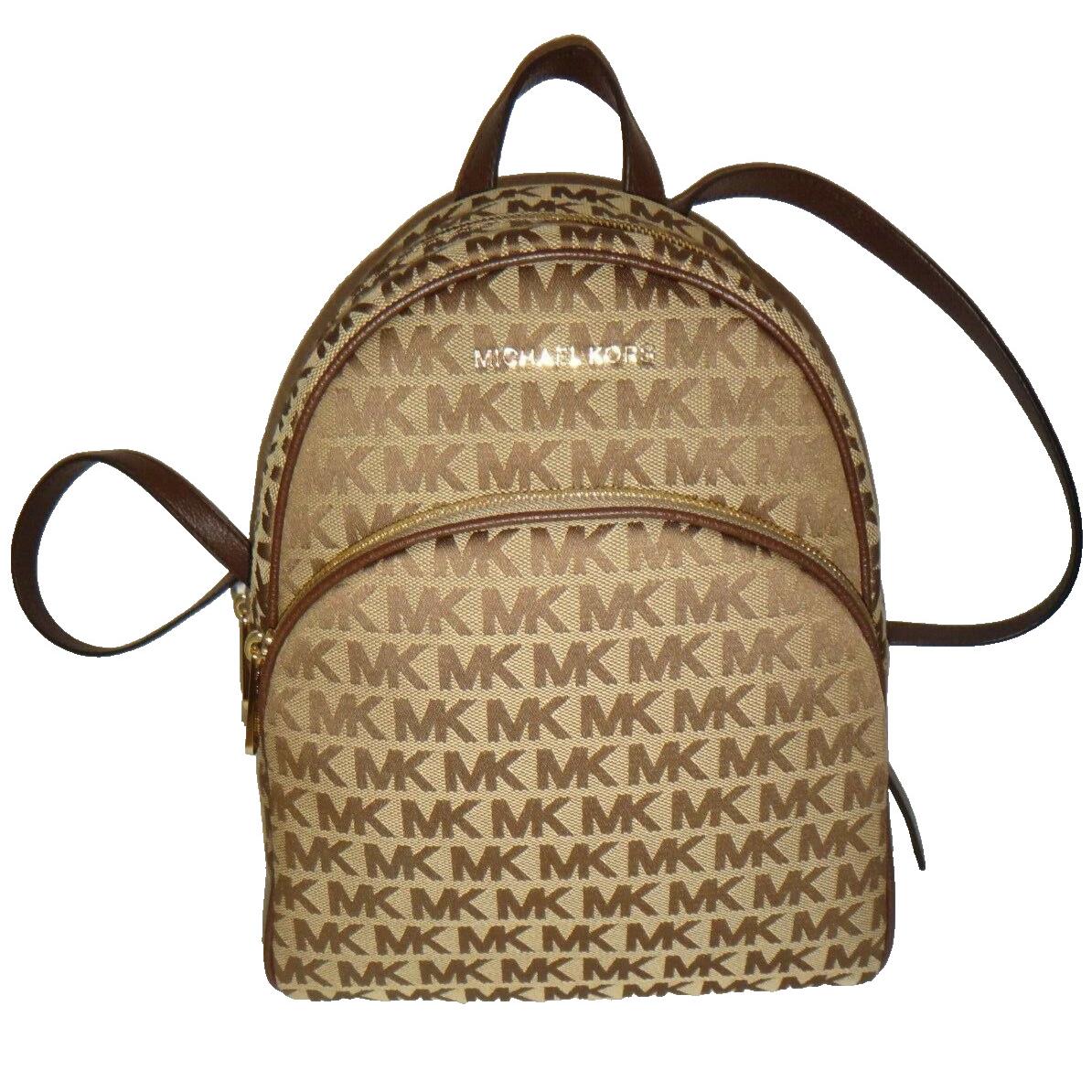 Michael Kors Abbey MK Signature Jacquard MD Zip Backpack Bag Beige Ebony Java