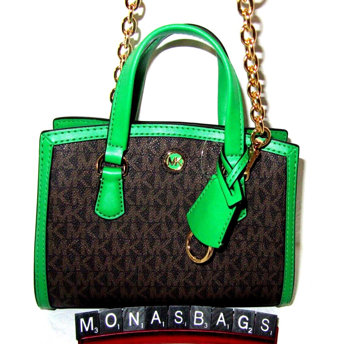 Michael Kors Brown Signature Small Chantal Crossbody Handbag Palm Green Leather
