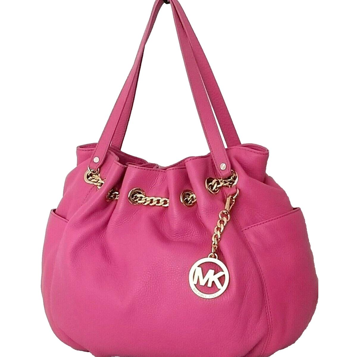 Michael Kors Jet Set Gold Chain Large Zinnia Pink Leather Ring Tote Bag