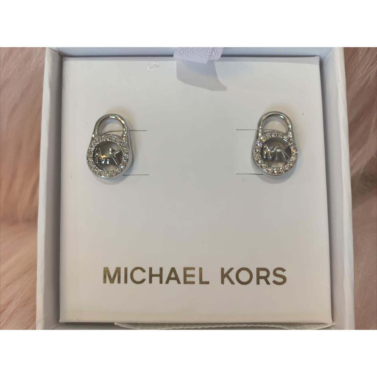 Michael Kors Silver Tone Crystal Pave Padlock Lock Stud Earrings MkJX7411040