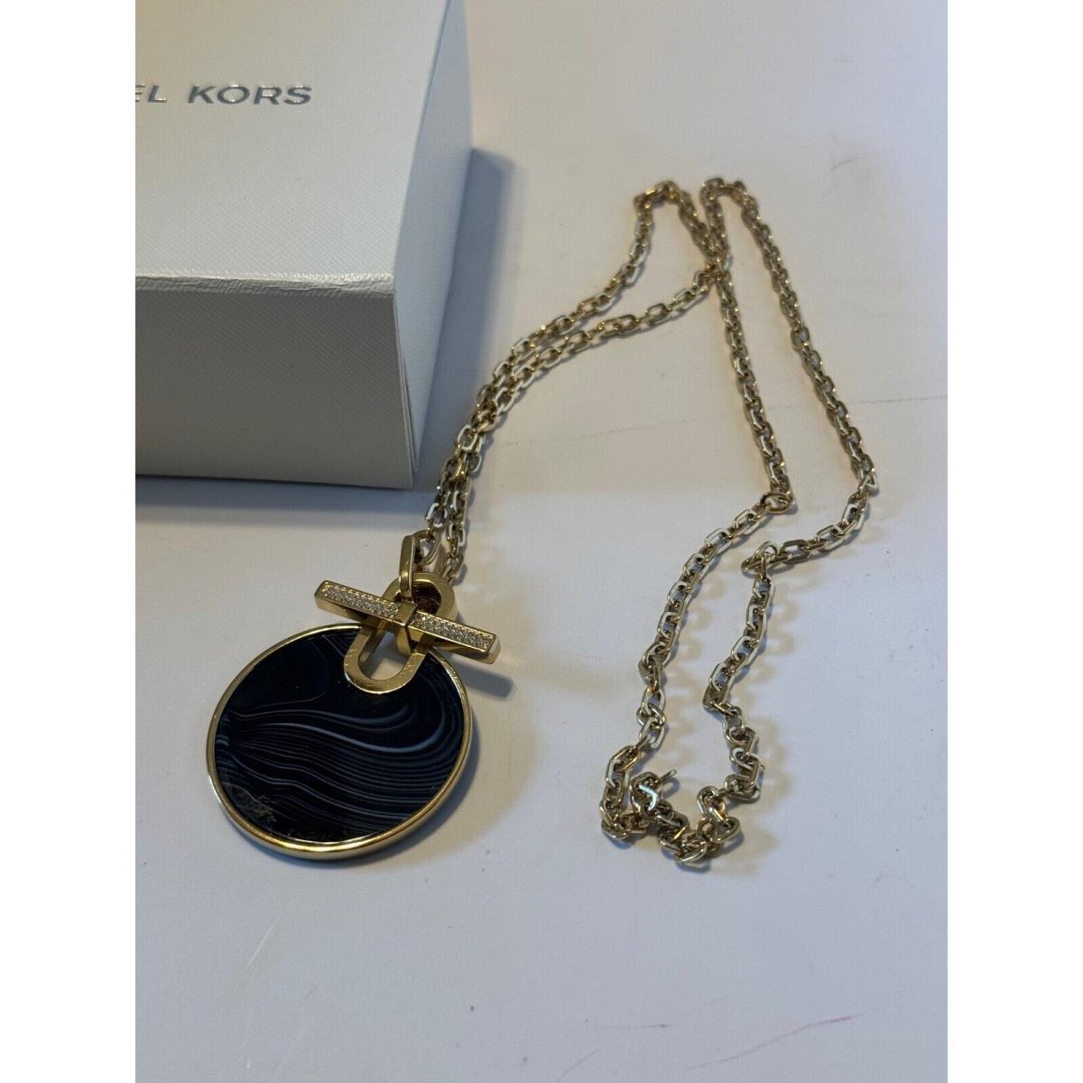 Michael Kors MKJ4607710 Womens Gold-tone Large Black Agate Disc Pendant Necklace