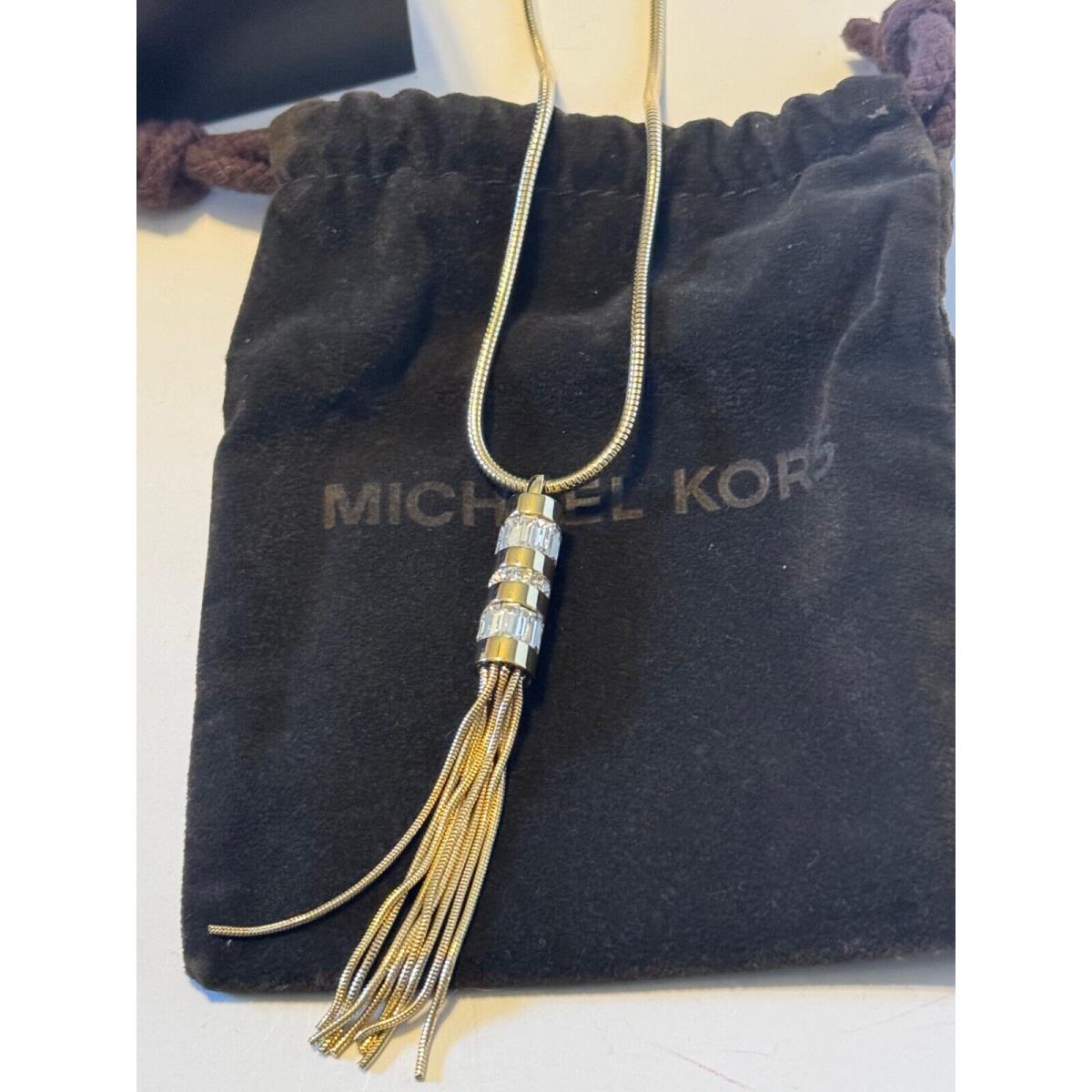 Michael Kors Women Gold-tone Cubic Zirconia Fringe Tassel Charm Pendant Necklace