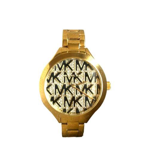 Michael Kors MK4659 Gold Tone Black Logo Accent 3 Hand Dial Steel Women`s Watch
