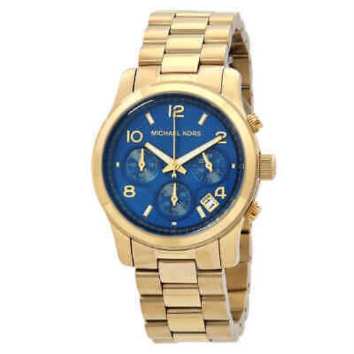 Michael Kors Runway Chronograph Quartz Blue Dial Ladies Watch MK7353 - Dial: Blue, Band: Gold-tone, Bezel: Gold-tone