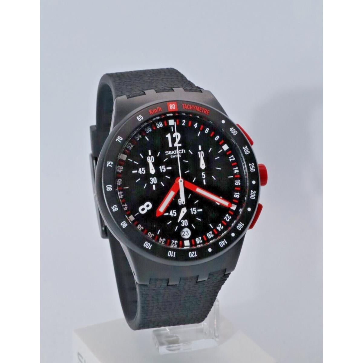 Swiss Swatch Originals Stand Hall Black Chrono Silicone Date Watch 42mm SUSB411