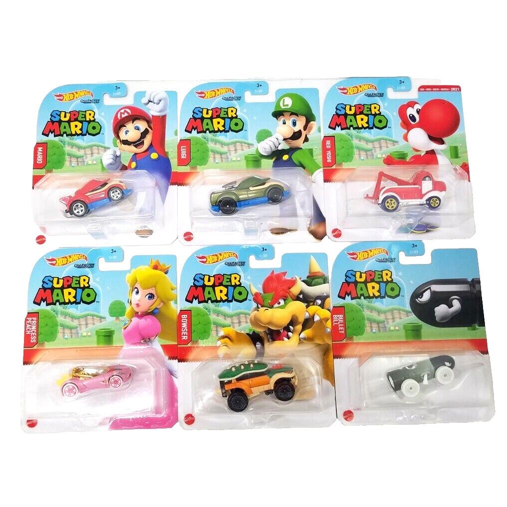 Super Mario Character Cars Set/lot of 6 Bowser Red Yoshi Bill+mattel Hot Wheels