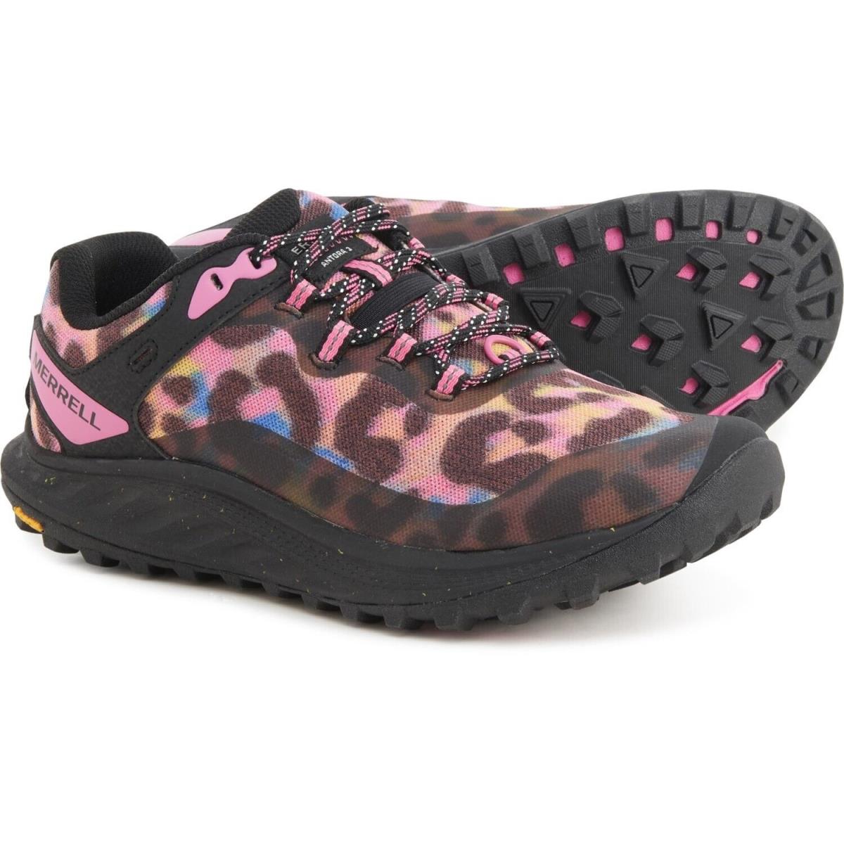 Women`s Merrell Antora 3 Trail Running Shoes Rainbow Leopard