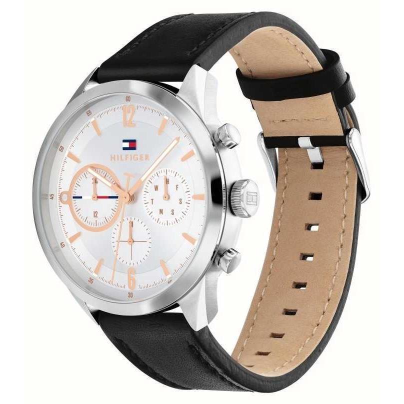 Tommy Hilfiger Men`s Matthew White Dial Black Leather Strap Casual Watch