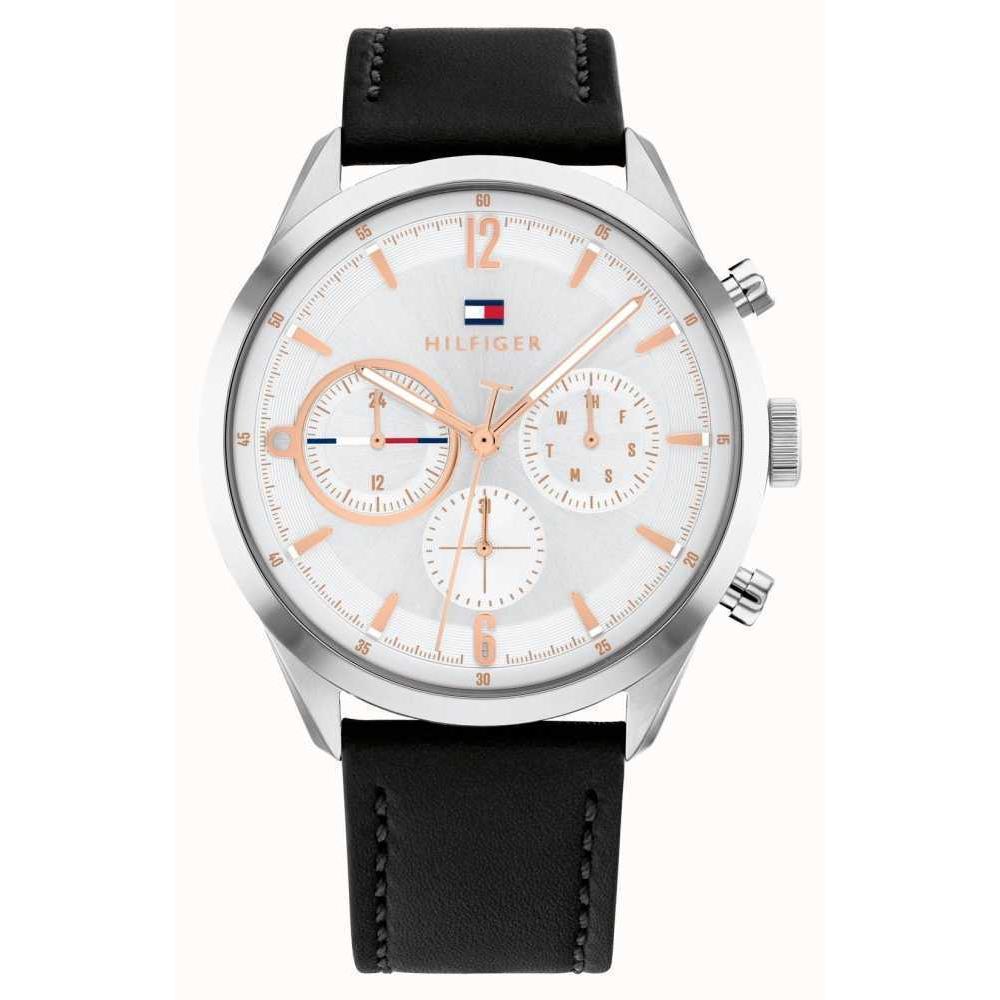 Tommy Hilfiger 1791941 Men`s Matthew White Dial Black Leather Strap Casual Watch