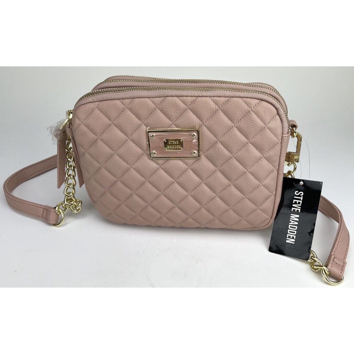 Steve Madden Womens Blush Pink Leather Quilted 3 Pocket Crossbody Bag Purse