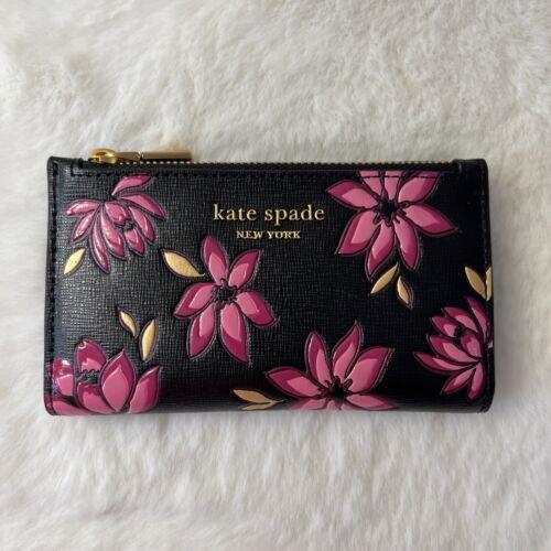 Kate Spade Morgan Winter Blooms Embossed Leather Small Slim Bifold Black