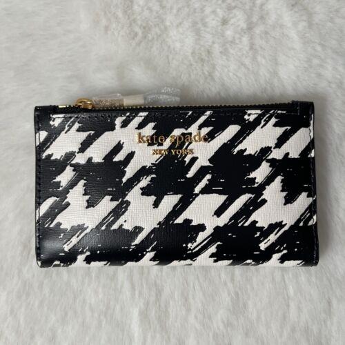 New Kate Spade Morgan Houndstooth Small Slim Bifold Wallet Black Multi