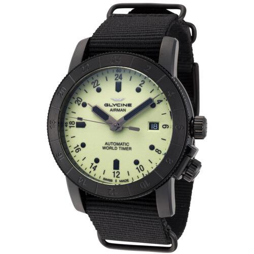 Glycine Men`s Airman Purist Worldtimer 42mm Automatic Watch GL0142 - Face: Yellow-Green Full Super-LumiNova, Dial: Yellow-Green Full Super-Luminova, Band: Black