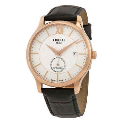 Tissot Tradition Silver Dial Men`s Black Leather Watch T063.428.36.038.00 - Dial: Silver, Band: Black, Bezel: Pink