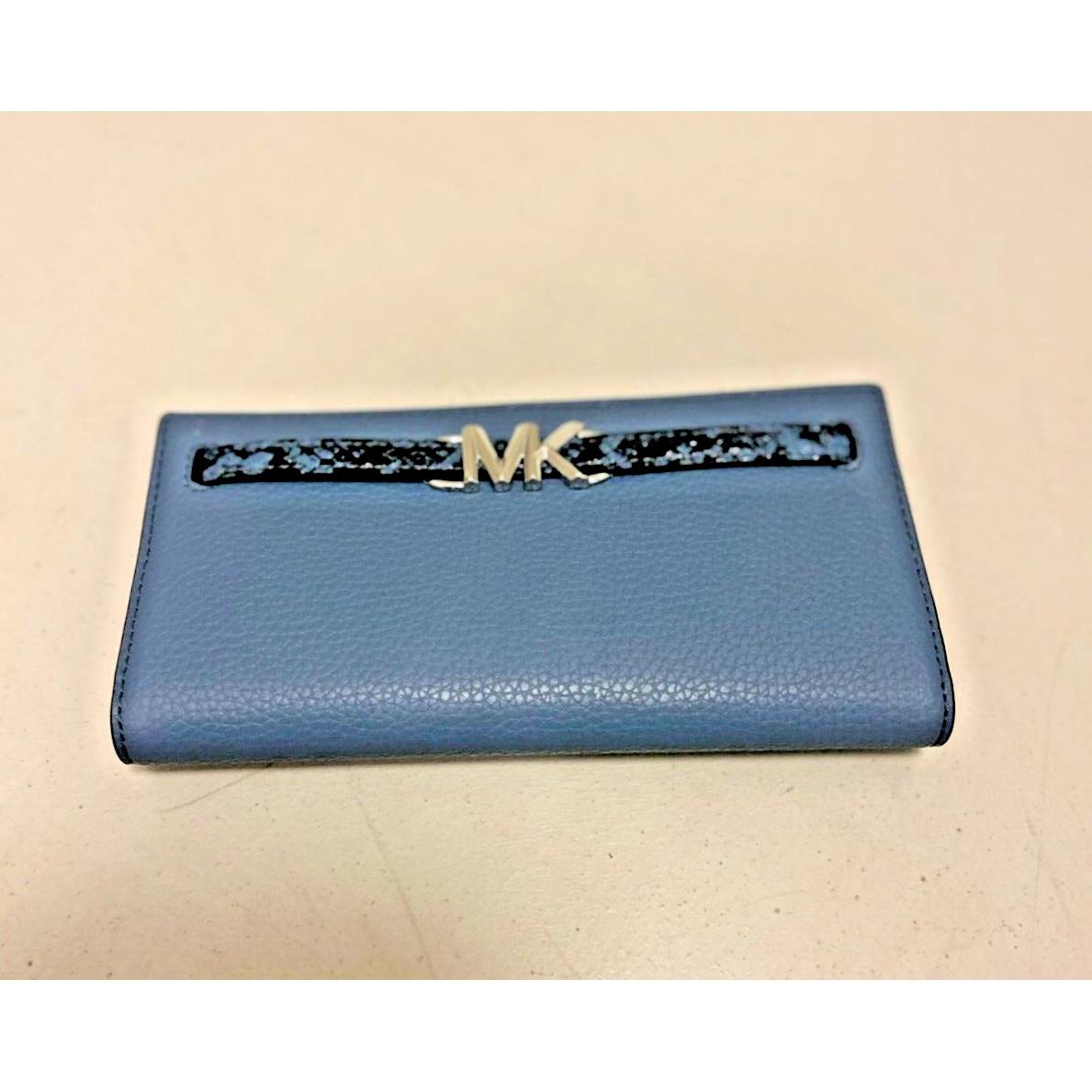 Michael Kors Reed Large Leather Snap MK Flat Wallet Credit Card ID Holder Denim