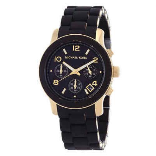 Michael Kors Runway Chronograph Quartz Black Dial Ladies Watch MK7385 - Dial: Black, Band: Black, Bezel: Gold-tone