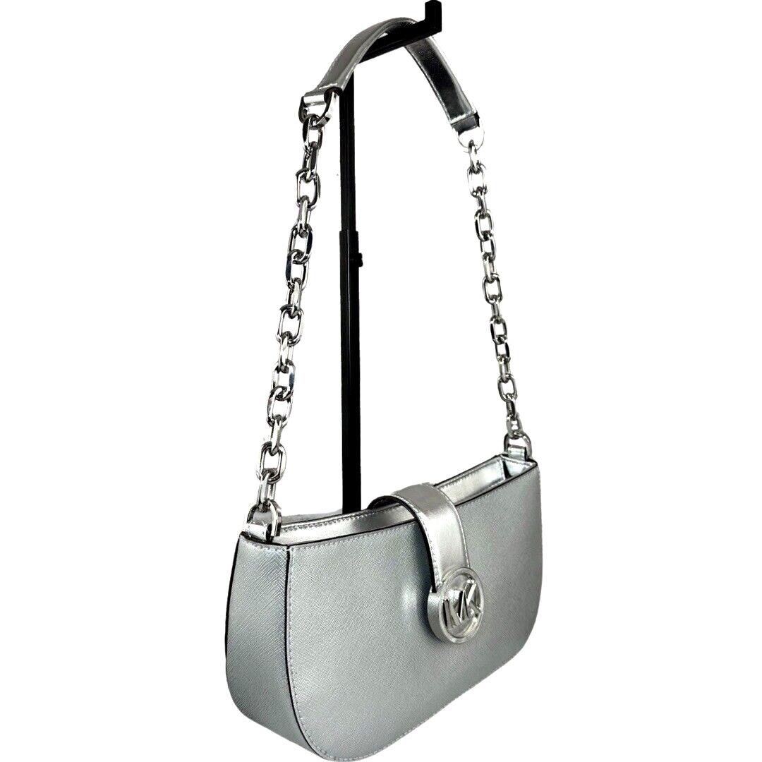 Michael Kors Carmen Small Pouchette Chain Shoulder Bag Purse Silver