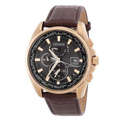 Citizen Perpetual Alarm World Time Eco-drive Gmt Black Dial Men`s Watch - Dial: Black, Band: Brown