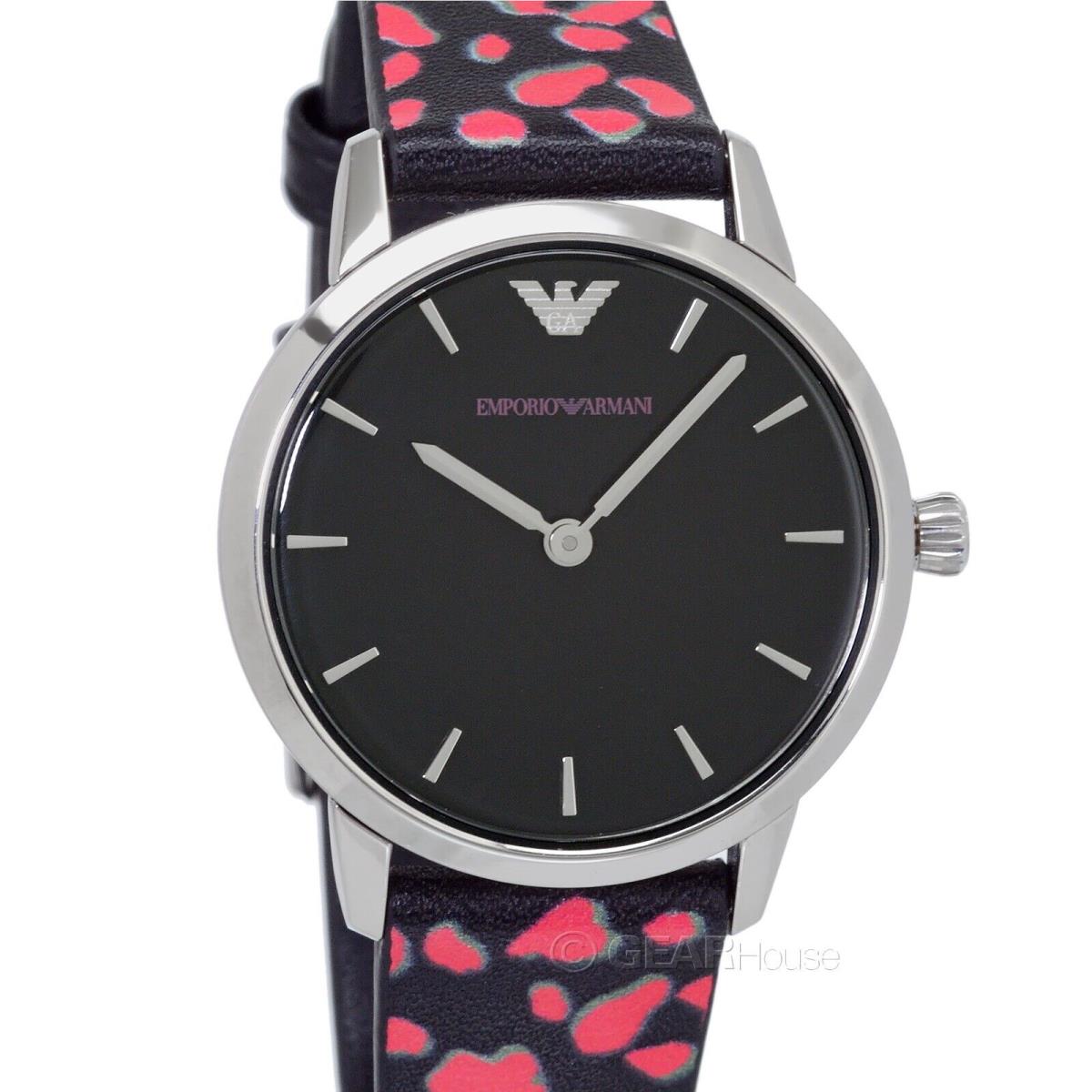 Emporio Armani Womens Casual Watch Black Dial Red Print Leather Strap