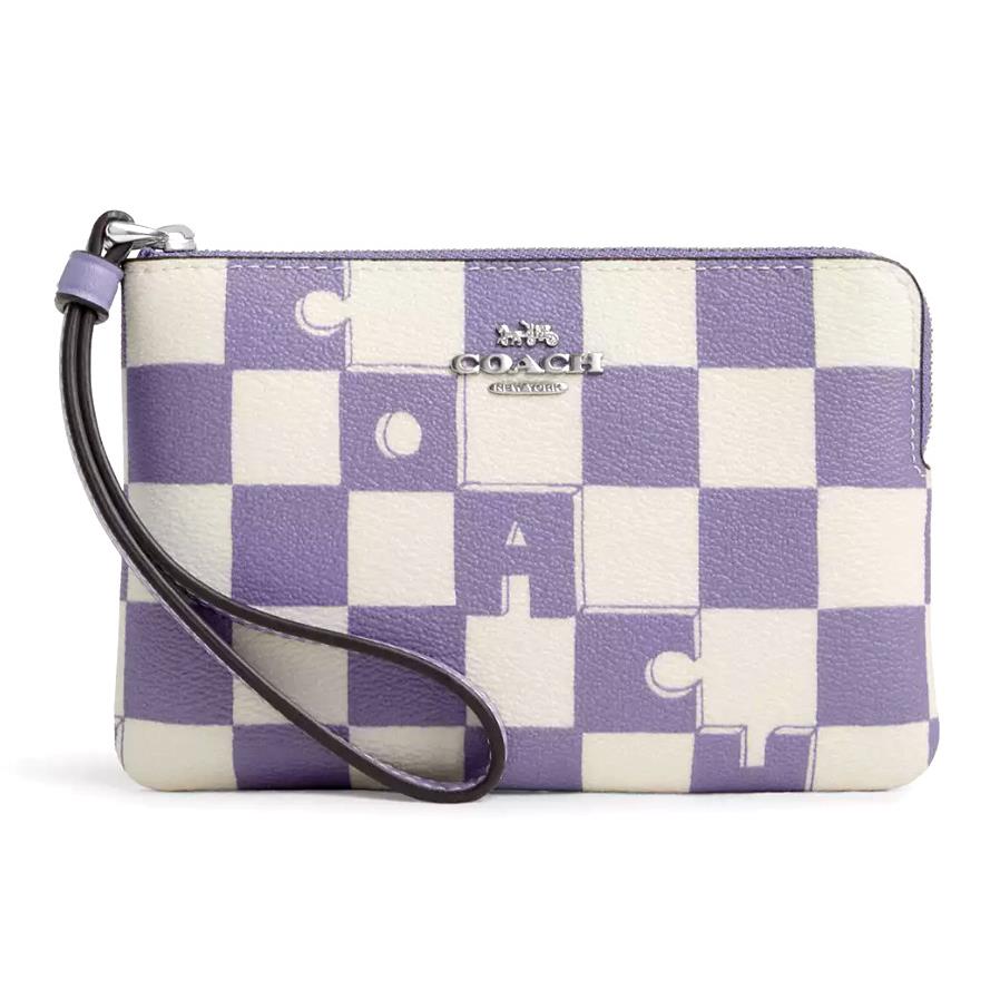 Coach Checkerboard Corner Zip Wristlet - Violet Purple Leather - CR813