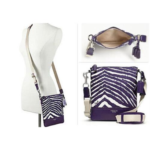 Coach Zebra Printed Canvas Purple Swingpack Crossbody Swing Bag Purse