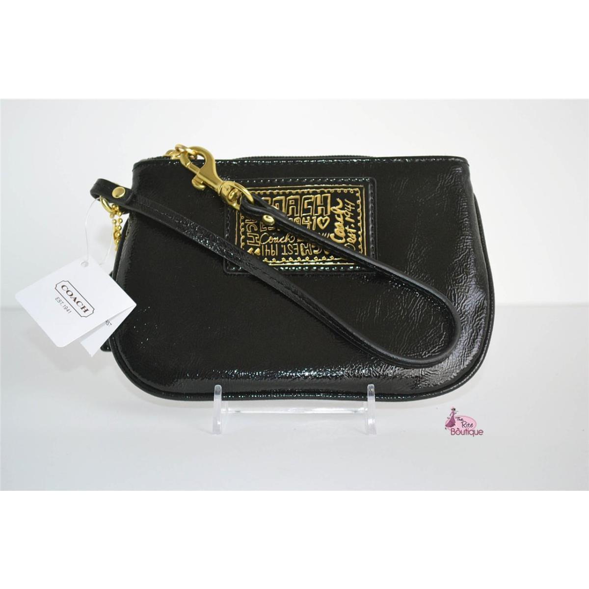 Coach Wristlet Black Patent Leather Gold Trim Clutch Pouch Wallet Bag Purse