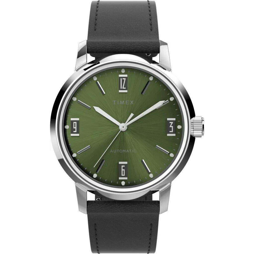 Timex Marlin Automatic 40MM Green Dial Black Leather Strap Watch TW2V44600 - Dial: Green, Band: Black, Bezel: Silver