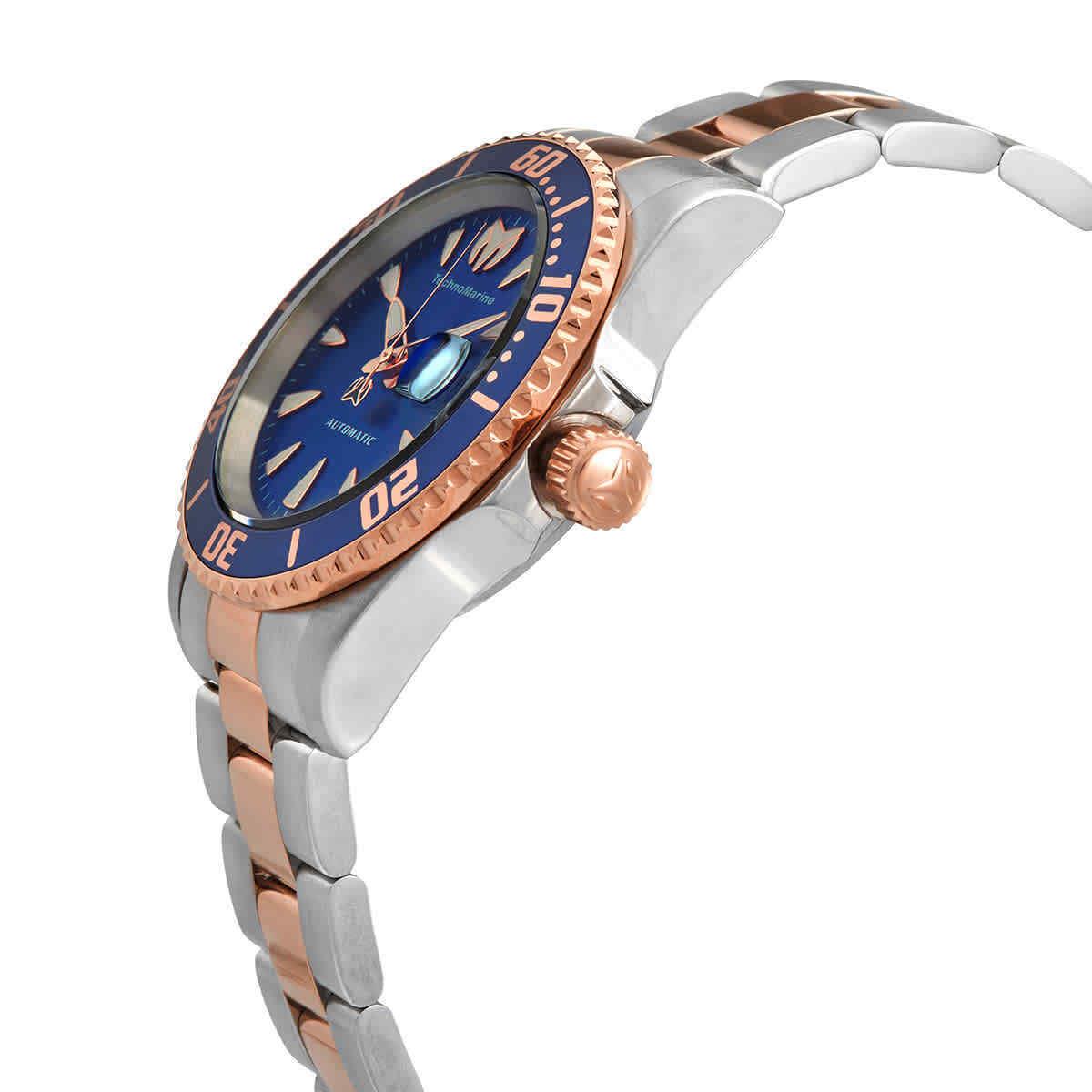 Technomarine Sea Automatic / Manta Collection Blue Dial Men`s Watch TM-219072 - Dial: Blue, Band: Silver, Gold, Bezel: Gold, Blue