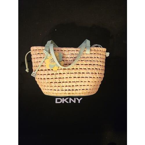 Dkny Wicker Woven Basket Straw with Flowers Tote Bag W Draw String Bag